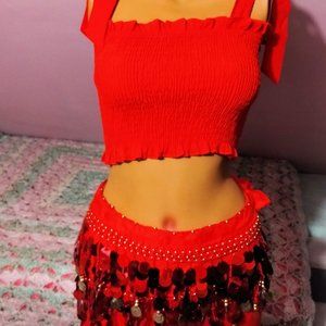 HALLOWEEN  Belly Dancing  Skirt Costume 3-Piece Outfit Top Dress Belt NEW SM
